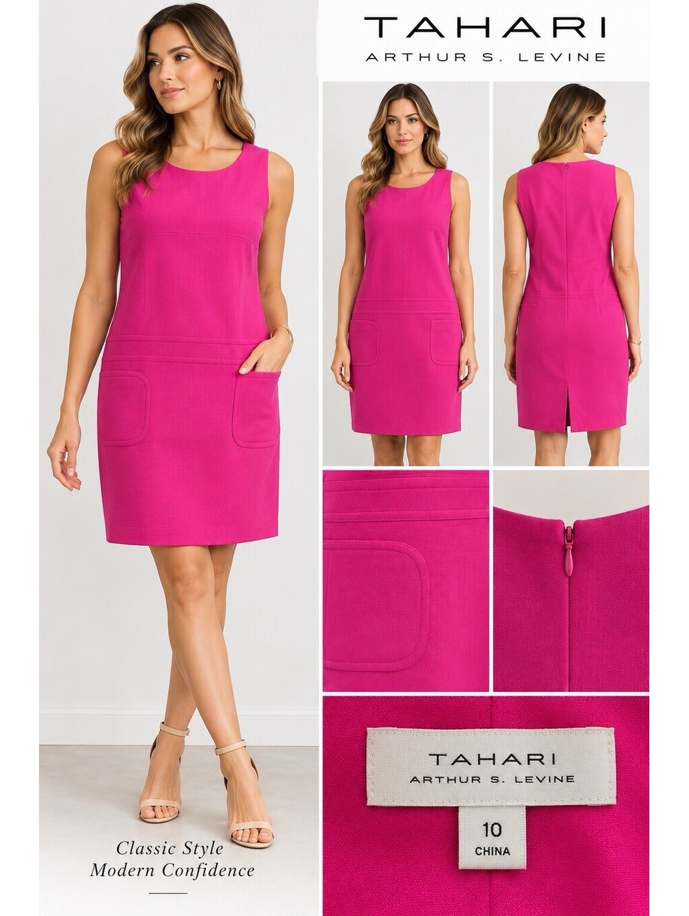Tahari Arthur S Levine Size 10 Pink Lined Sheath Dress Sleeveless Pockets NWOT